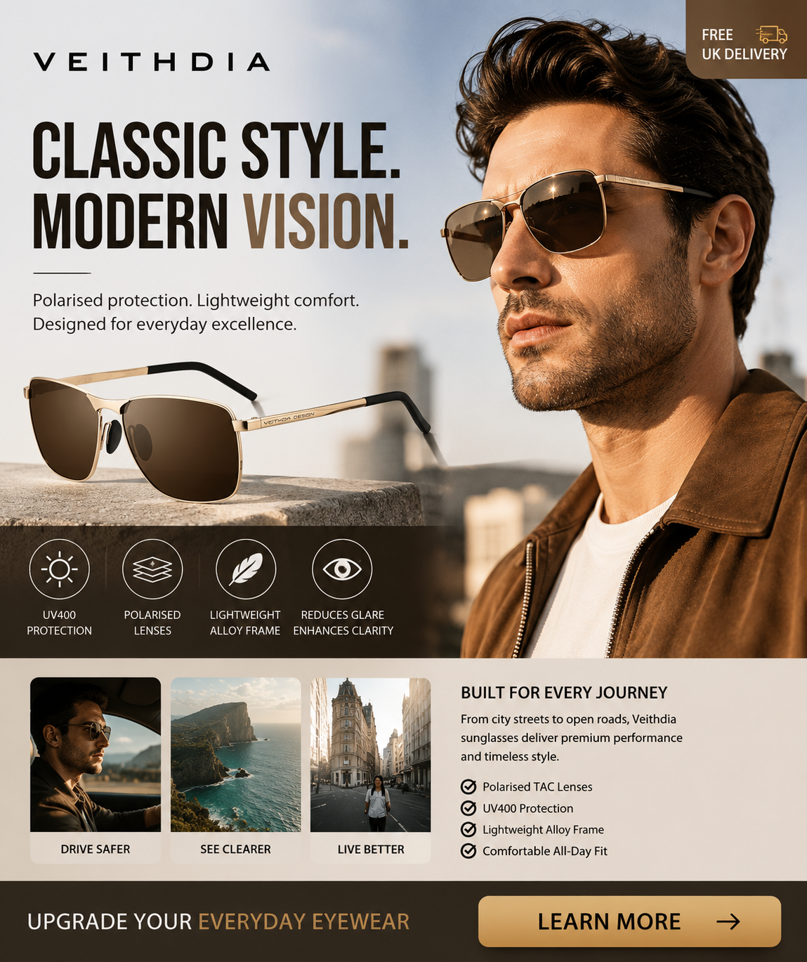 Veithdia Polarised UV400 Rectangular Sunglasses for Men | Lightweight Alloy Frame