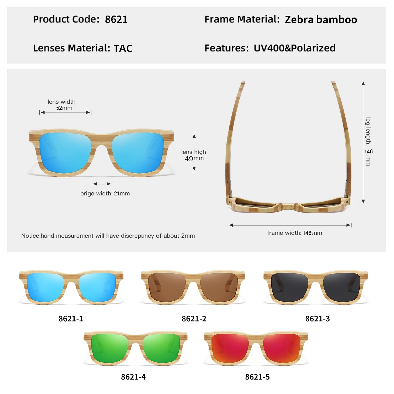 GM Natural Zebra bamboo adult sunglasses Manual polarized glasses Mirror coated lens Glasses Gift box 8621C